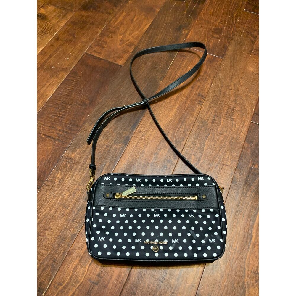 Michael Kors Jet Set Charm Black Nylon Polka Dot Bag East West Camera Crossbody